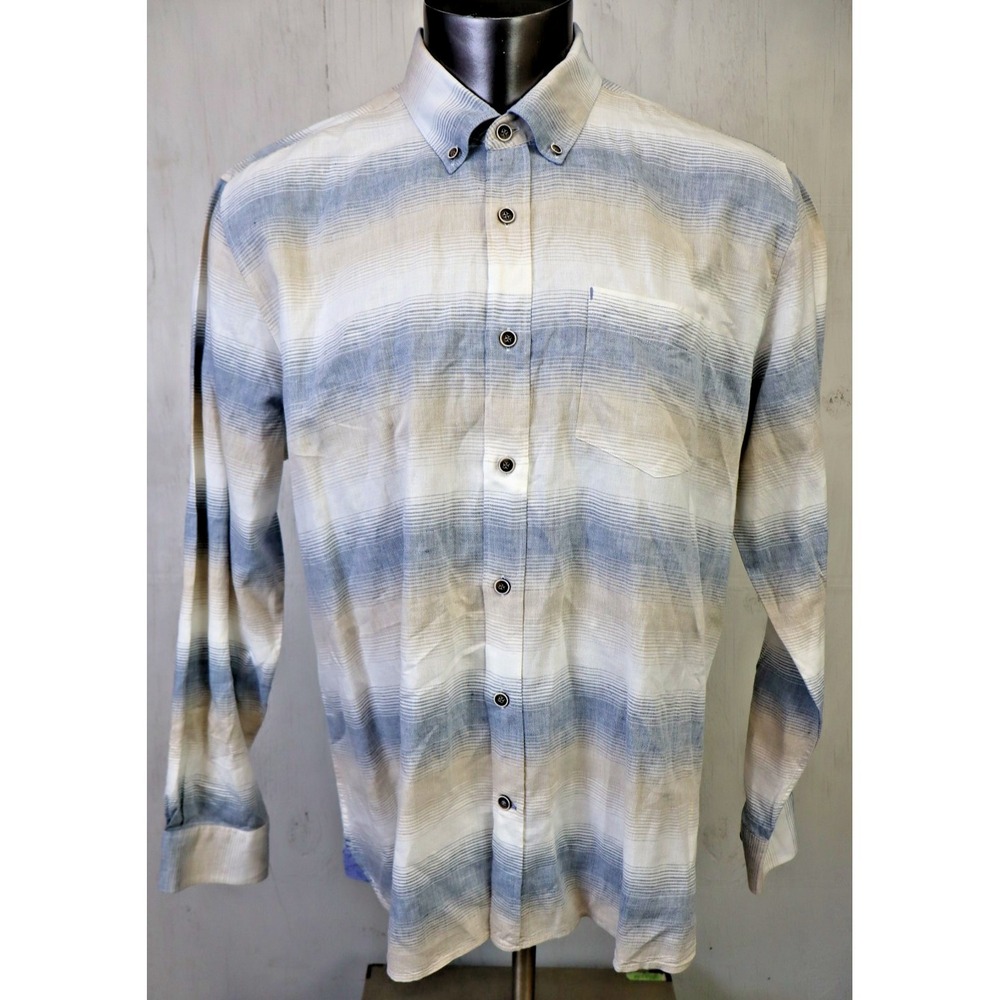 32 Bar Blue Linen Blend Shirt Long Sleeve Button Front Size XL Blue White Brown